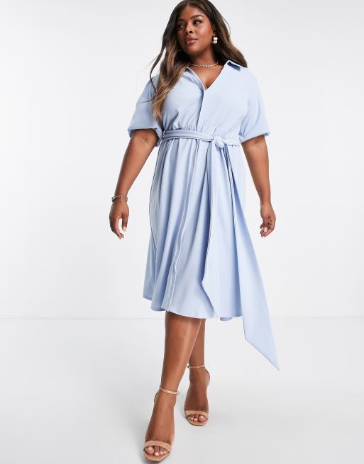 ASOS DESIGN Curve wrap shirt midi skater dress with self belt in light blue  | ASOS