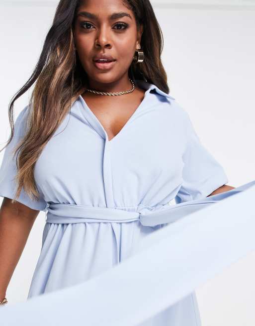 ASOS DESIGN Curve wrap shirt midi skater dress with self belt in light blue, 3 of 4