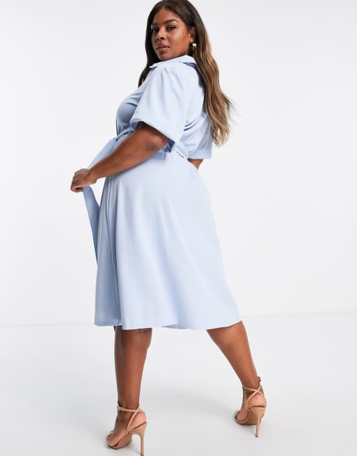 ASOS DESIGN Curve wrap shirt midi skater dress with self belt in light blue  | ASOS