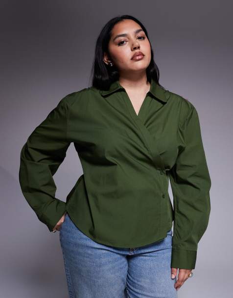 ASOS DESIGN Curve wrap shirt with cocoon sleeve in green - view 1