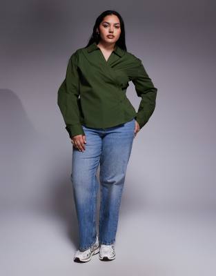 Asos Curve Asos Design Curve Wrap Shirt With Cocoon Sleeve In Green