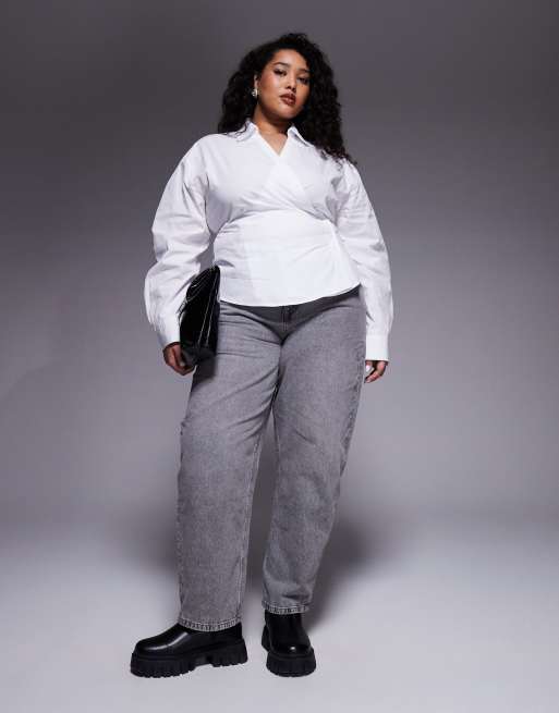 ASOS DESIGN Curve wrap shirt with cocoon sleeve in white, 3 of 4