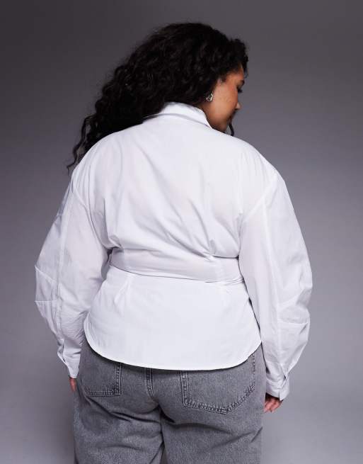 ASOS DESIGN Curve wrap shirt with cocoon sleeve in white, 4 of 4