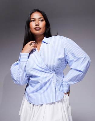ASOS DESIGN Curve wrap shirt with cocoon sleeves in stripes-Multi