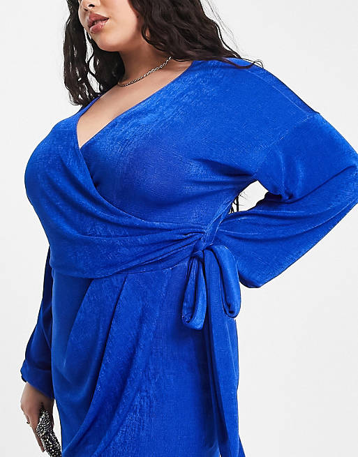 Dresses Curve wrap slinky blouson sleeve dress in electric blue 