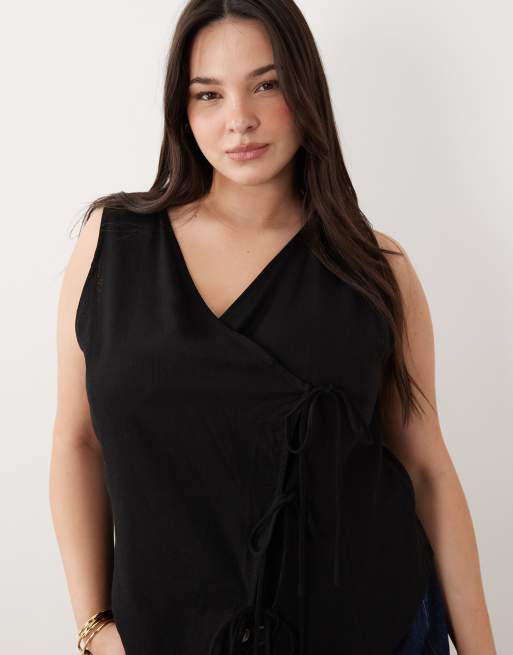 ASOS DESIGN Curve wrap tie detail linen co-ord waistcoat in black, 3 of 4