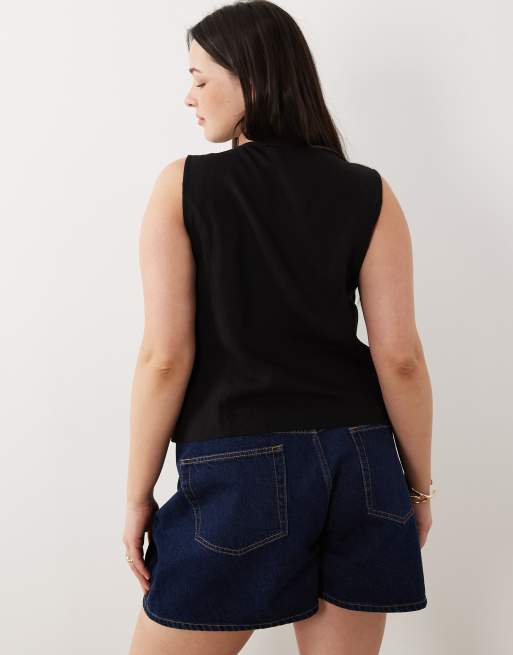 ASOS DESIGN Curve wrap tie detail linen co-ord waistcoat in black, 4 of 4
