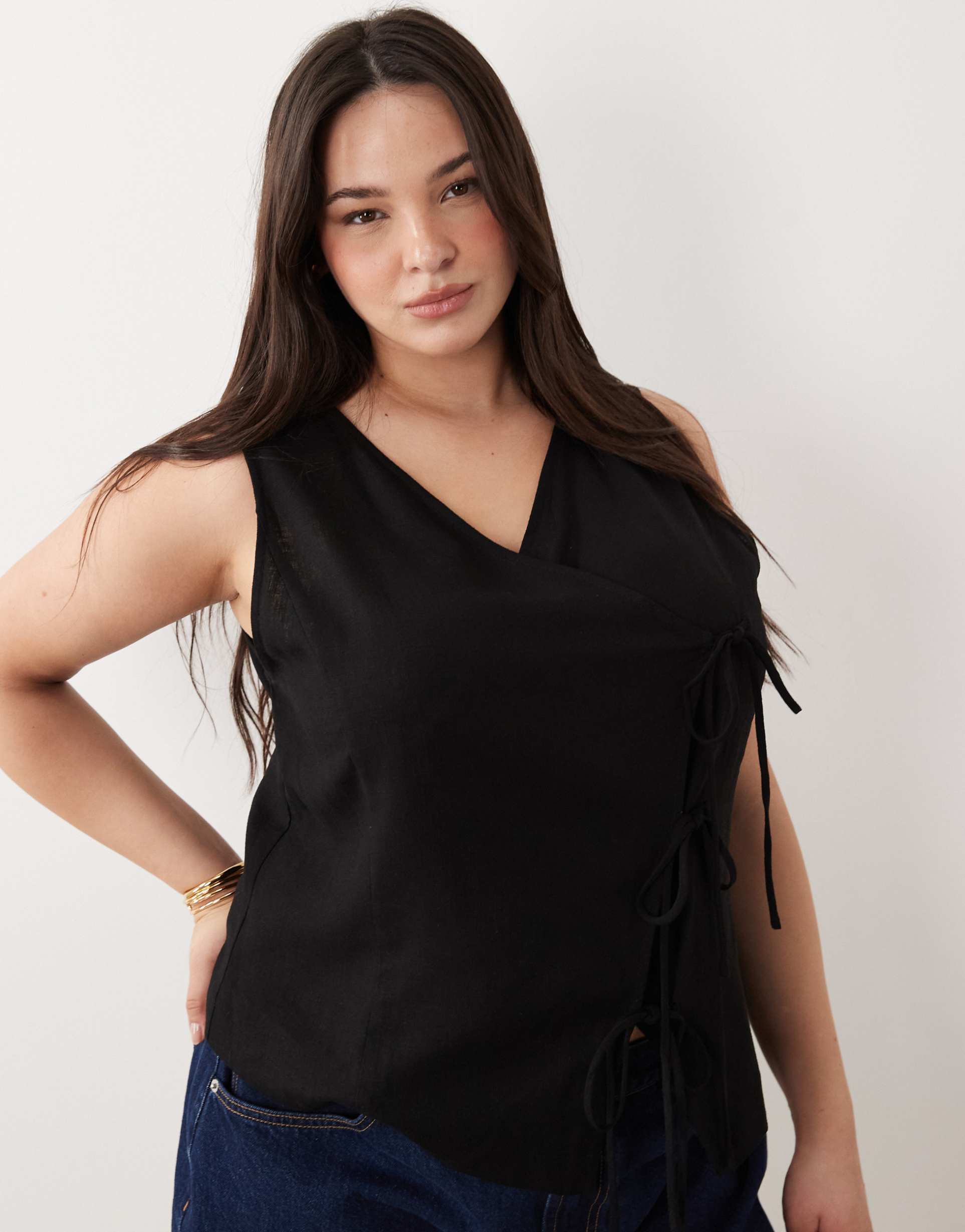 asos design curve wrap tie detail linen look vest in black - part of a set