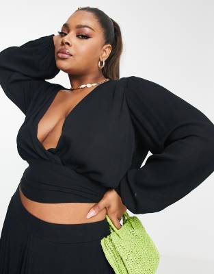 ASOS DESIGN Curve wrap tie long sleeve beach crop top co-ord in black