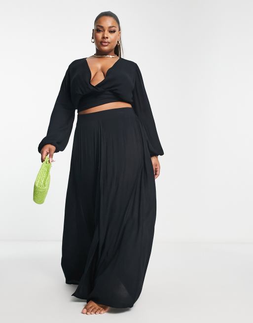 ASOS DESIGN Curve wrap tie long sleeve beach crop top in black - part of a set , 4 of 4