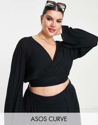 ASOS DESIGN Fuller Bust wrap tie long sleeve beach crop top in