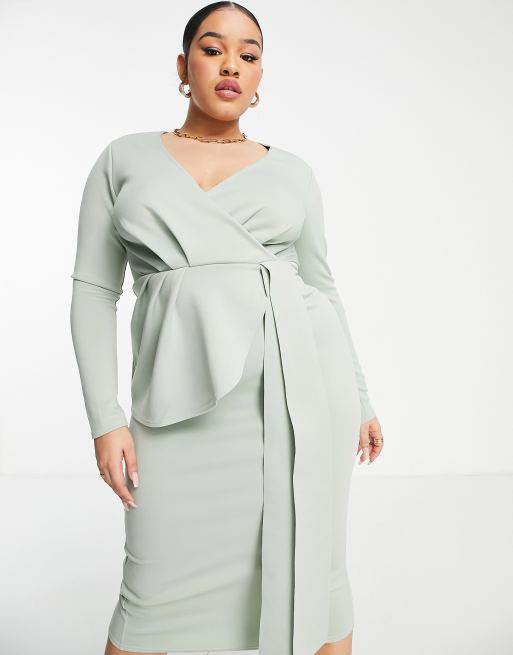 ASOS DESIGN Curve wrap tie side bodycon midi dress in sage | ASOS