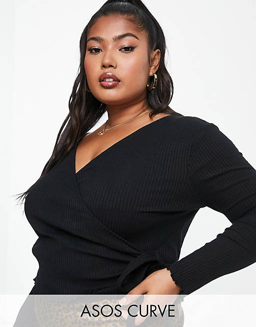  Shirts & Blouses/Curve wrap top in rib with tie in black 