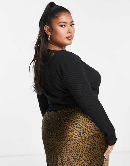 ASOS DESIGN Curve wrap top in rib with tie in black, 2 of 4