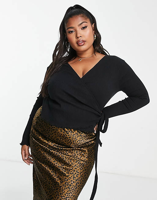  Shirts & Blouses/Curve wrap top in rib with tie in black 
