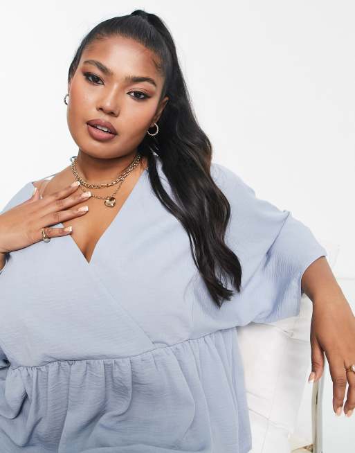 ASOS DESIGN Curve wrap top with angel sleeve & peplum hem in light blue, 2 of 4