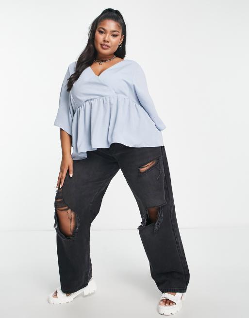 ASOS DESIGN Curve wrap top with angel sleeve & peplum hem in light blue, 3 of 4