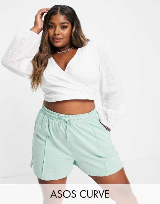 ASOS DESIGN Curve wrap top with broidery sleeve in white