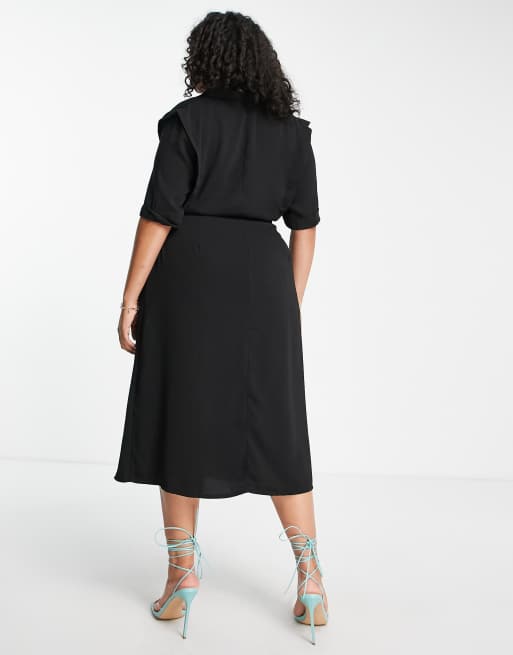 ASOS DESIGN Curve wrap tux midi dress with shoulder pads in black, 2 of 4