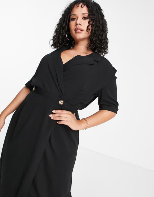 ASOS DESIGN Curve wrap tux midi dress with shoulder pads in black, 3 of 4