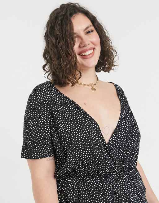 ASOS DESIGN curve wrap waist culotte jumpsuit in mono spot, 3 of 4