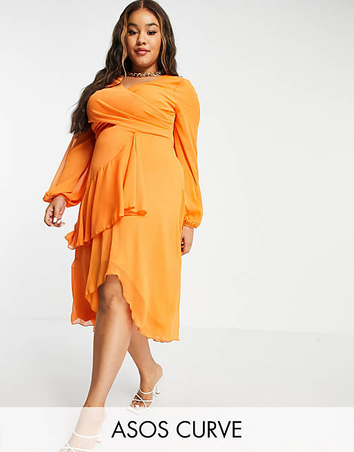 ASOS DESIGN Curve wrap waist midi dress with double layer skirt and long sleeve in orange
