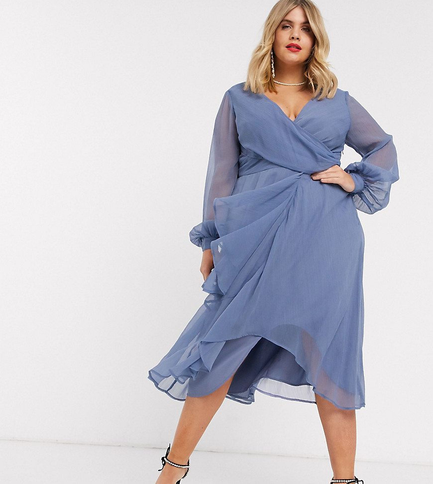 ASOS DESIGN Curve wrap waist midi dress with double layer skirt and long sleeve-Blue