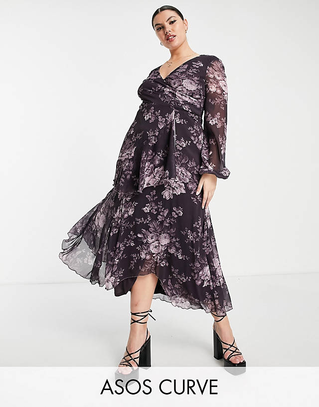 ASOS DESIGN Curve wrap waist midi dress with double layer skirt in vintage floral