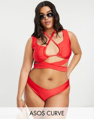 ASOS DESIGN Curve wrap waist tie front crop bikini top in red  - ASOS Price Checker