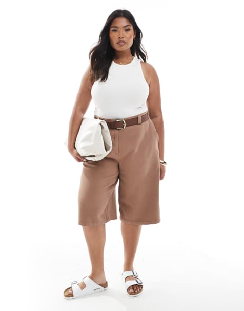 ASOS DESIGN Curve laundered panelled longline shorts in mocha