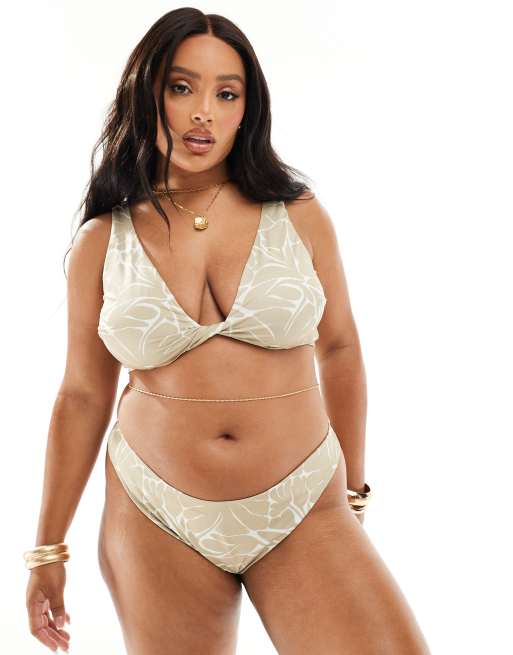 ASOS DESIGN Curve – Wysoko wycięty dół od bikini o brazylijskim kroju z niskim stanem w stonowane kwiaty