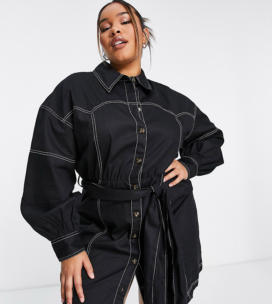 Plus-size dress by ASOS DESIGN The scroll is over Spread collar Button placket Tie waist Relaxed fit