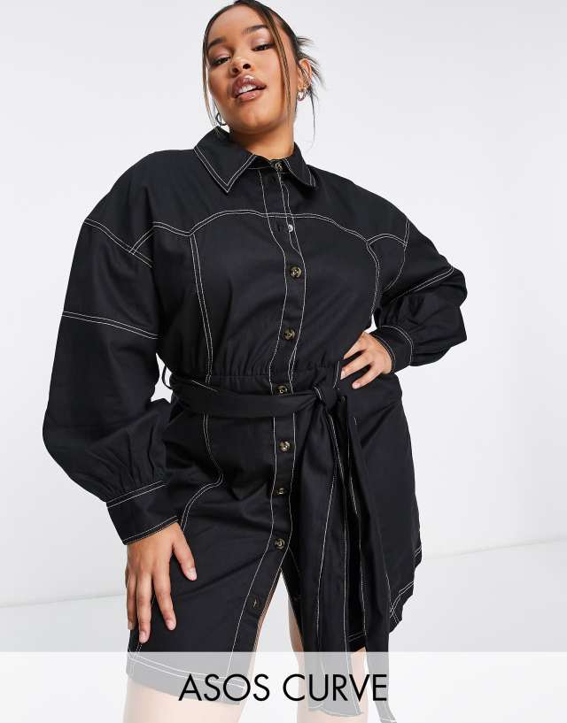 ASOS Curve - ASOS DESIGN Curve yoke detail twill mini shirt dress in black