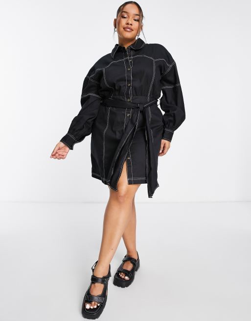 ASOS DESIGN Curve yoke detail twill mini shirt dress in black | ASOS