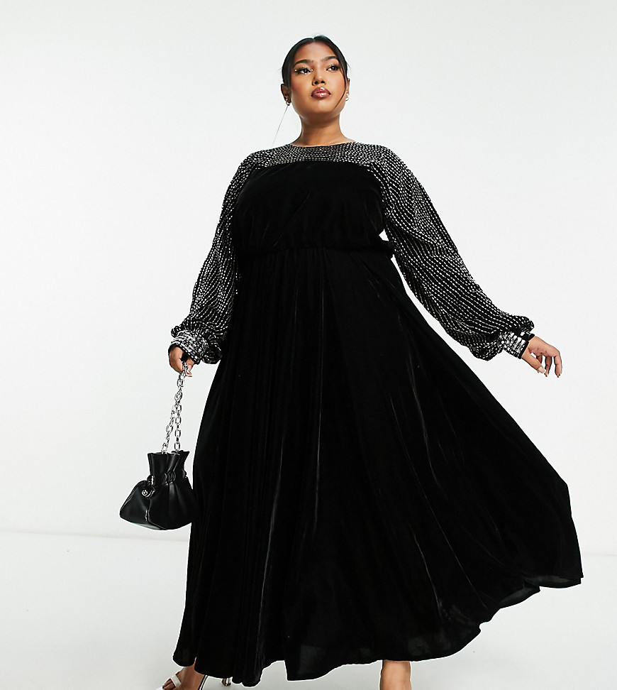 Asos Curve Asos Design Curve Yoke Embellished Detail Midi Dress In Black Velvet