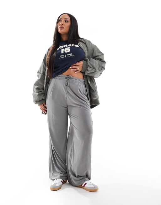 ASOS DESIGN Curve - Zachte broek met wijde pijpen en gestrikte taille in lichtgrijs