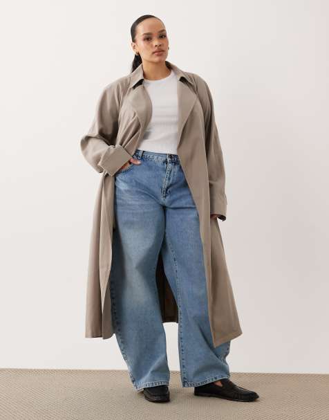ASOS DESIGN Curve - Zachte lange trenchcoat in champignon - view 1