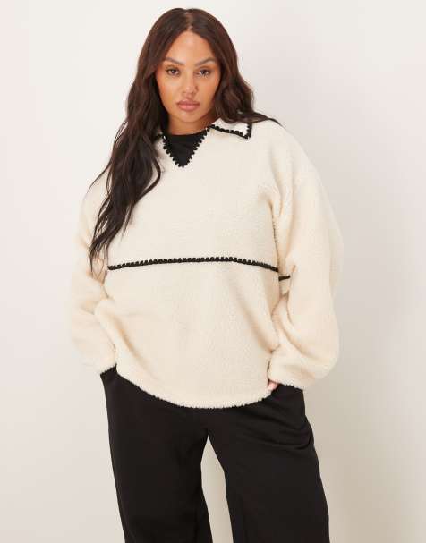 ASOS DESIGN Curve borg fleece pullover sweat with blanket stitch detail in cream and black