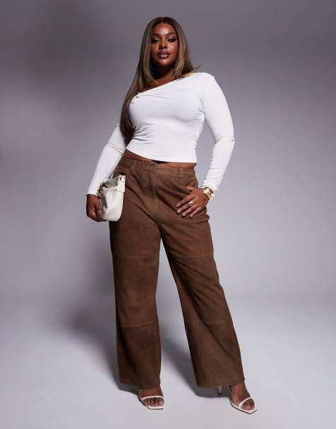 ASOS DESIGN Curve straight leg suede panelled trousers in mocha