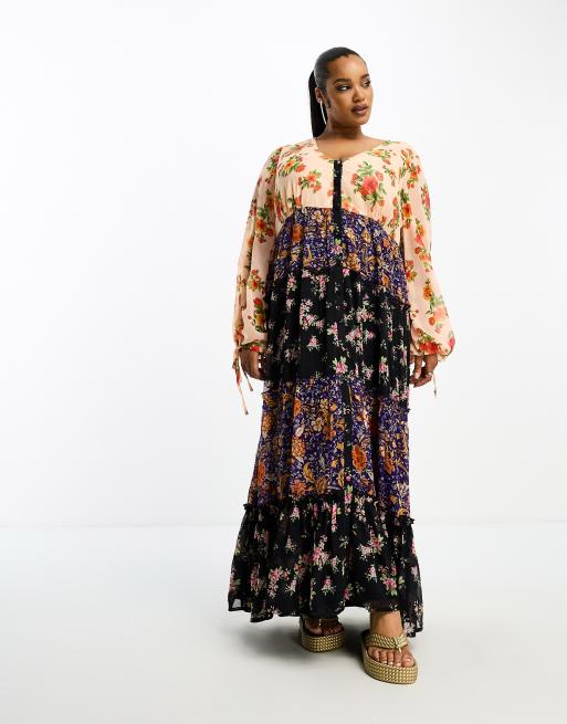 ASOS DESIGN Curve – Zapinana na guziki luźna szyfonowa sukienka maxi w mieszany wzór