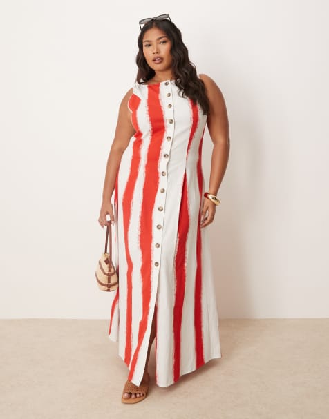 ASOS DESIGN Curve – Zapinana na guziki sukienka maxi w paski o fasonie kamizelki z prostym dekoltem - view 1
