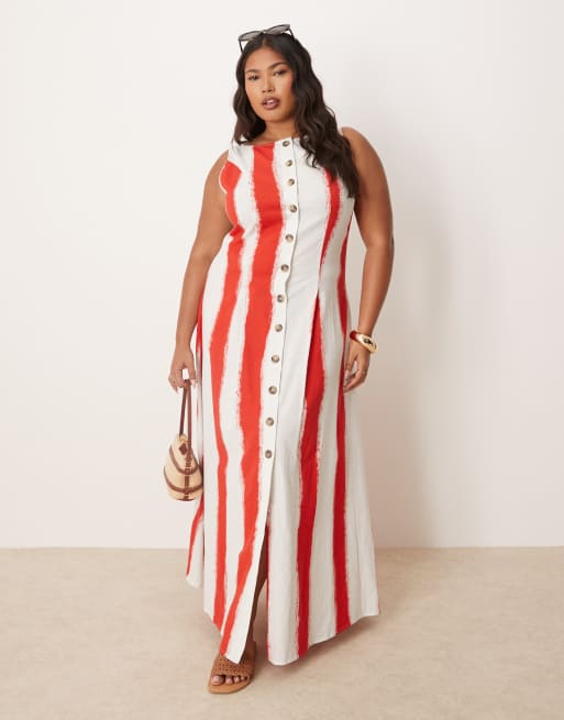ASOS DESIGN Curve – Zapinana na guziki sukienka maxi w paski o fasonie kamizelki z prostym dekoltem