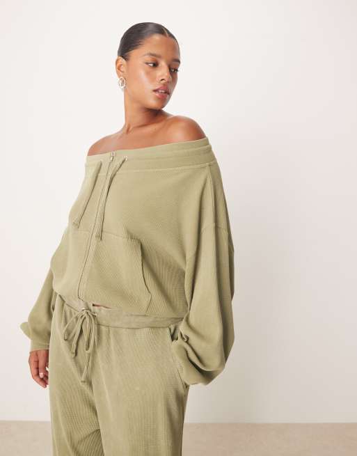 ASOS DESIGN Curve – Zapinana na suwak bluza dresowa z odsłoniętymi ramionami z materiału o waflowej teksturze w kolorze khaki