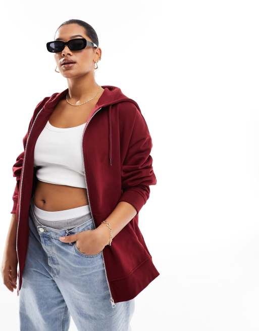 ASOS DESIGN Curve – Zapinana na suwak bordowa bluza z kapturem