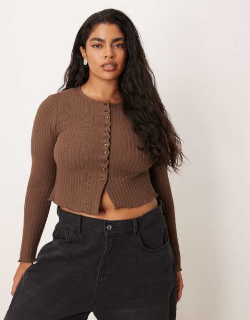 ASOS DESIGN Curve – Zapinany na guziki fakturowany czekoladowy top z długimi rękawami