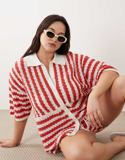 ASOS DESIGN Curve – Czerwony zestaw z materiału slub: koszula w paski i szorty, 2 z 3