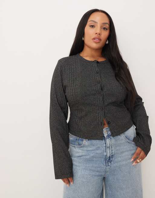 ASOS DESIGN Curve – Zapinany na guziki prążkowany top z długimi rękawami w grafitowym melanżowym kolorze