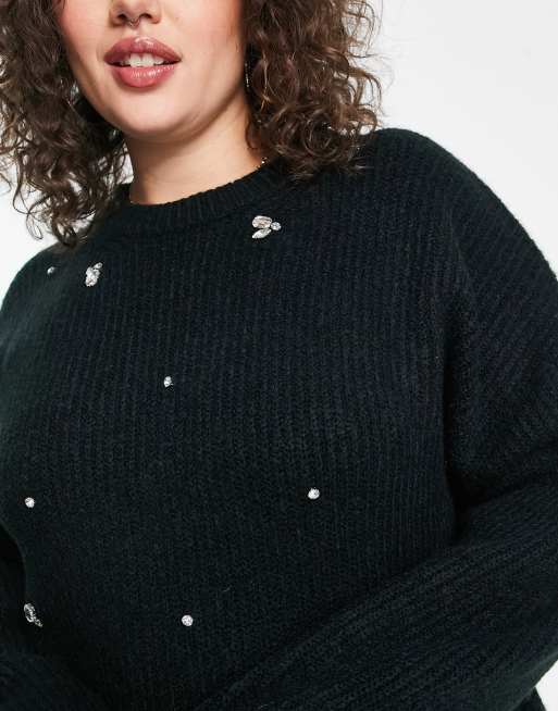 ASOS DESIGN Curve – Zdobiony kamieniami czarny prążkowany sweter, 3 z 4