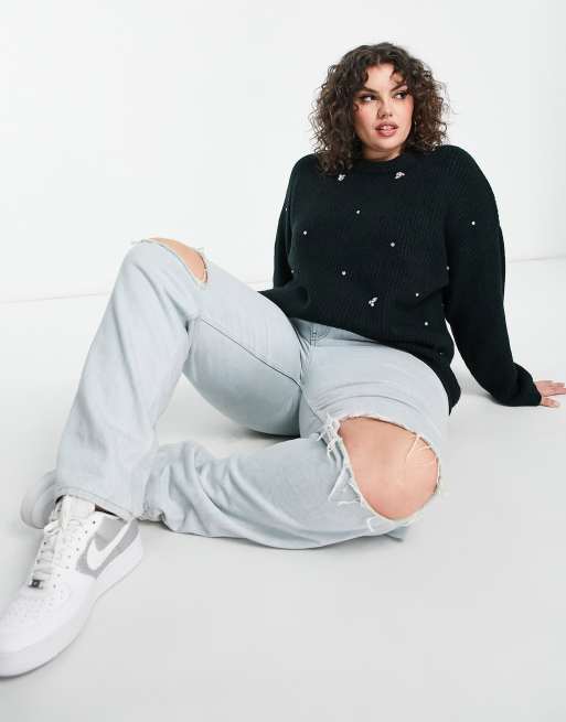 ASOS DESIGN Curve – Zdobiony kamieniami czarny prążkowany sweter, 4 z 4