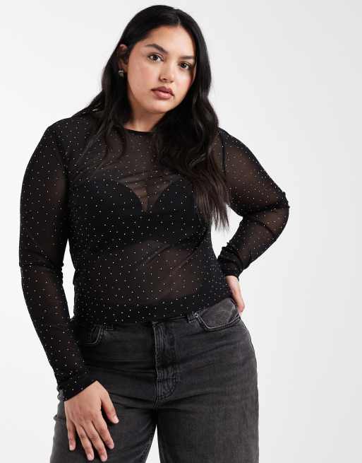 ASOS DESIGN Curve – Zdobiony strasami fakturowany siateczkowa top z długimi rękawami w czarnym kolorze